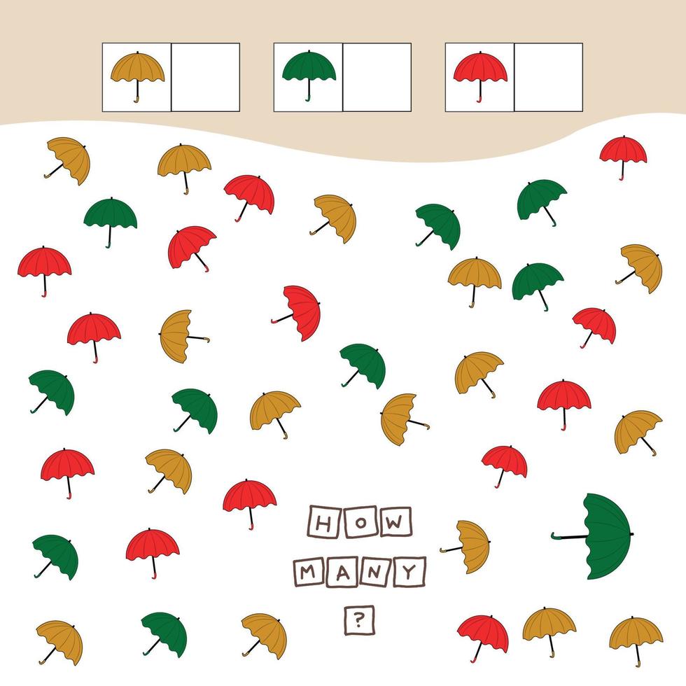 hoe veel tellen spel met kleurrijk paraplu's. werkblad voor peuter- kinderen, kinderen werkzaamheid vel, afdrukbare werkblad vector