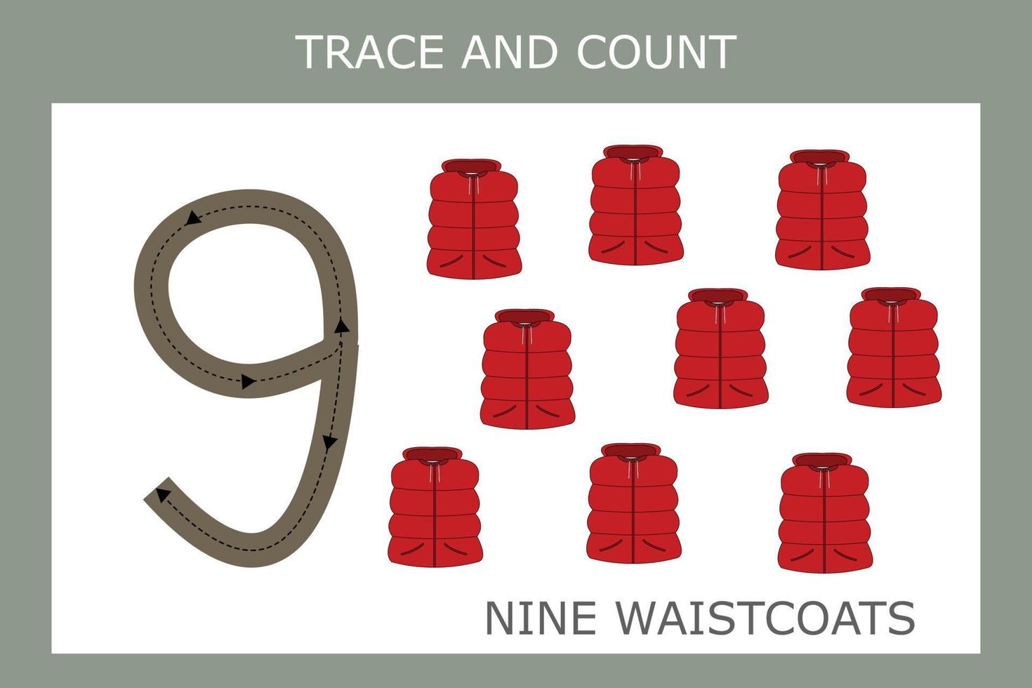 een spel van traceren de contouren van de aantal negen met vesten. peuter- werkblad, kinderen werkzaamheid vel, afdrukbare werkblad vector