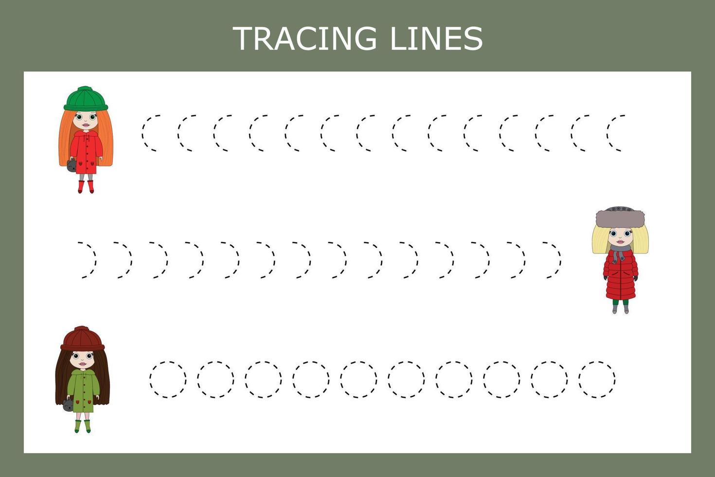 traceren lijnen spel met schattig meisjes, poppen. werkblad voor peuter- kinderen, kinderen werkzaamheid vel, afdrukbare werkblad vector