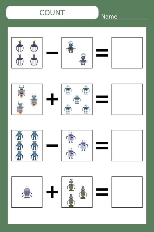 hoeveel tellen spel met grappige robots. werkblad voor kleuters, activiteitenblad voor kinderen, afdrukbaar werkblad vector