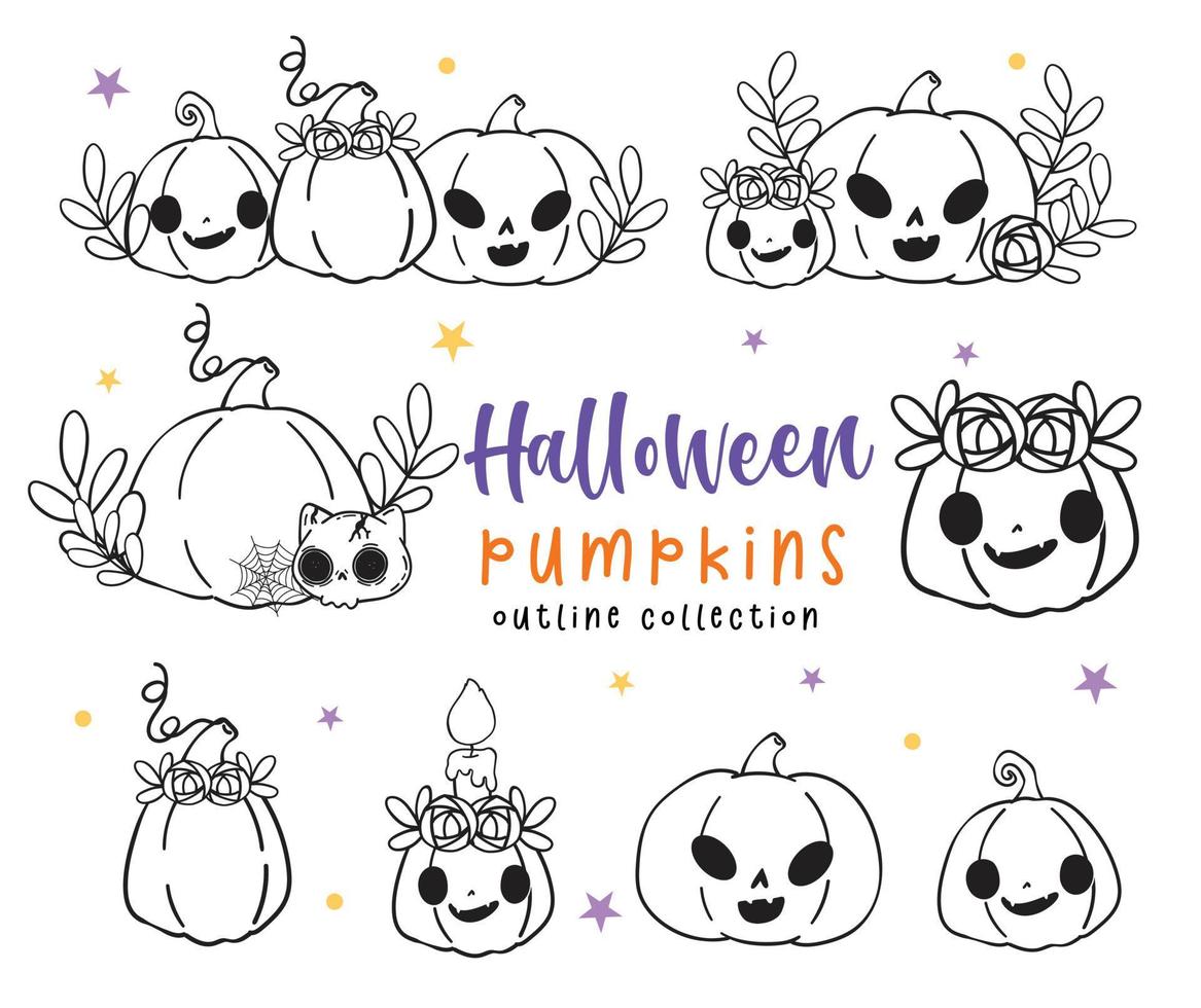 schattig halloween jack O lantaarn pompoen kawaii gezicht reeks tekenfilm schets tekening reeks vector voor kleuren boek