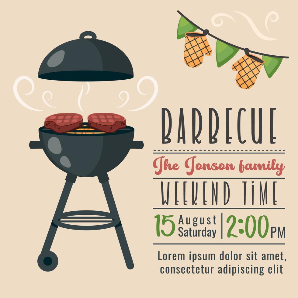 barbecue partij uitnodiging. bbq nodig uit sjabloon. zomer barbecue picknick. bbq achtergrond met koperslager, grill, steaks, vlees voedsel. vector tekenfilm illustratie