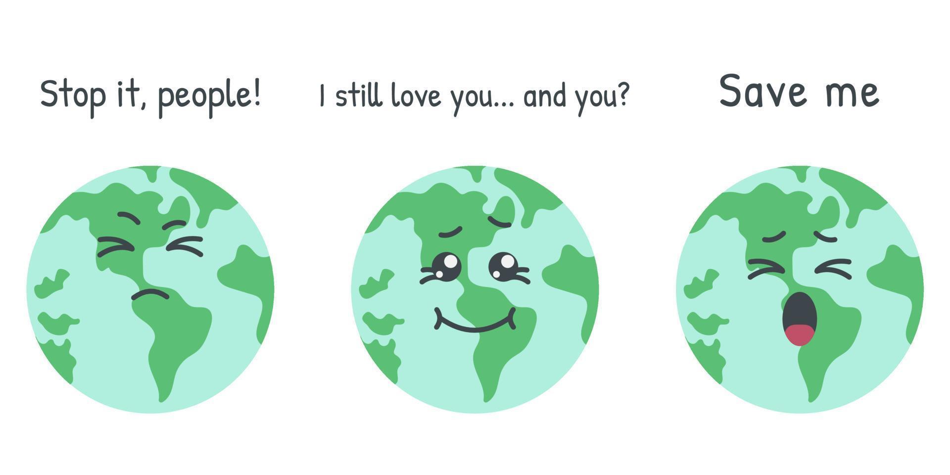 verzameling van tekenfilm karakter planeet. aarde wereldbol met verschillend emoties. opslaan planeet concept. bescherming van ecologie en omgeving. vector vlak tekenfilm illustratie