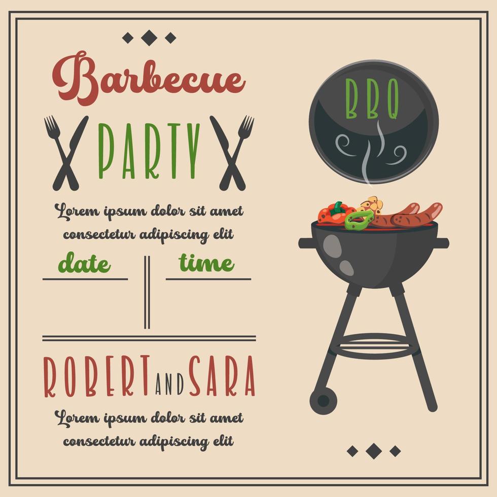 barbecue partij uitnodiging. bbq nodig uit sjabloon in retro stijl. zomer barbecue picknick. wijnoogst bbq achtergrond met grill, steaks, vlees voedsel, groenten, bestek, tekst. vector tekenfilm illustratie