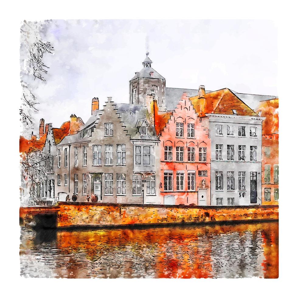 brugge belgië aquarel schets hand getekende illustratie vector