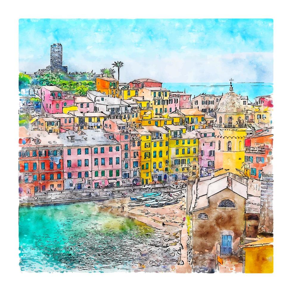 vernazza italië aquarel schets hand getekende illustratie vector