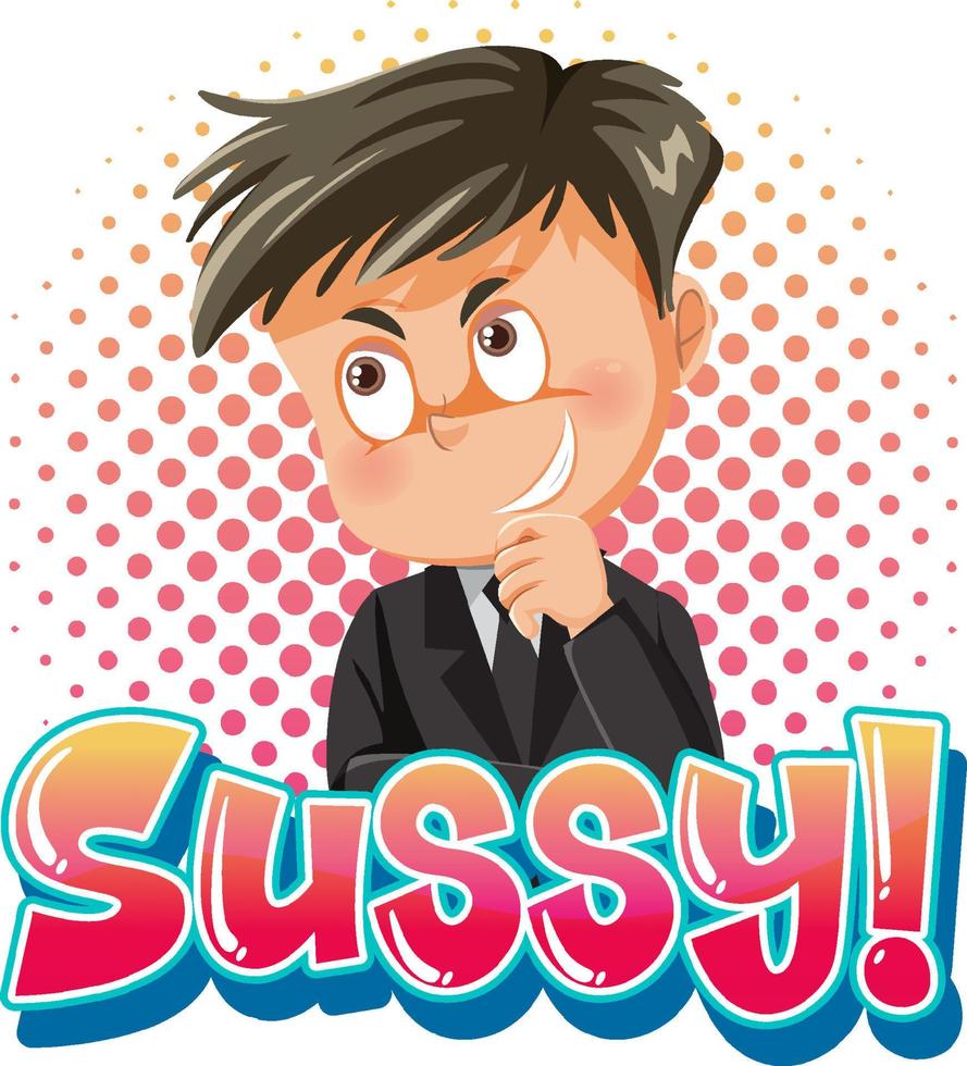 sussy tekst woord banner komische stijl met cartoon karakter expressie vector