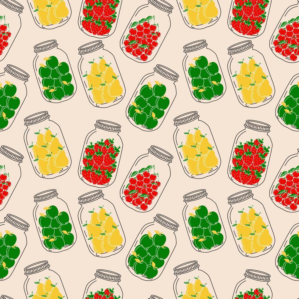 naadloos patroon met reeks van potten met fruit. compote. vector in tekenfilm stijl.