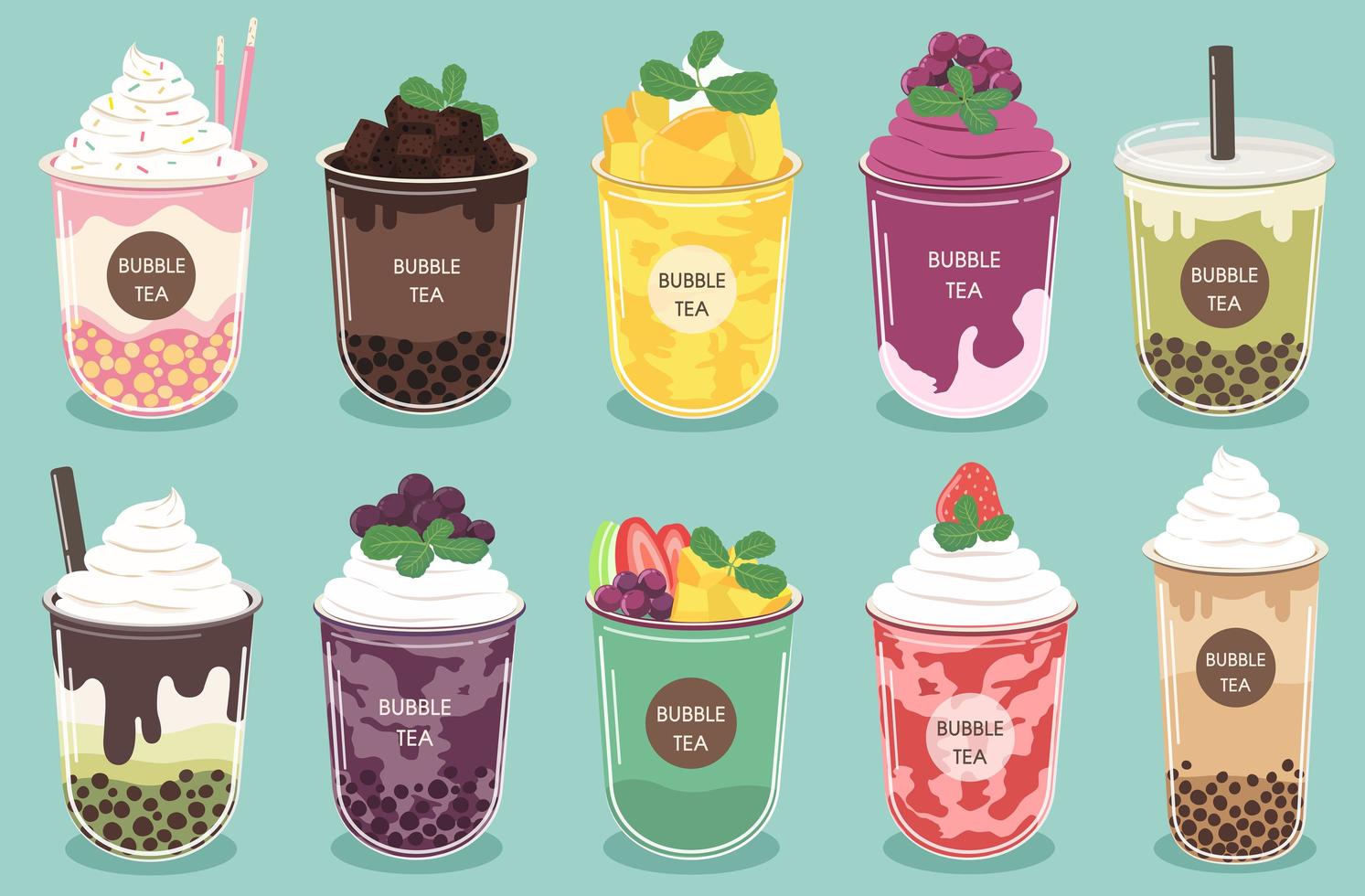 set van bubble tea drankjes en smoothies vector