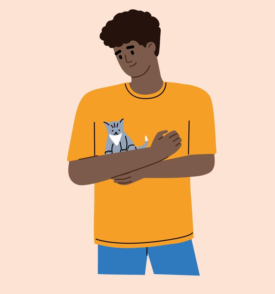 Mens Holding grijs harig katje in zijn armen. vriend kutje kat. schattig pot. huisdier tekenfilm vlak vector illustratie.