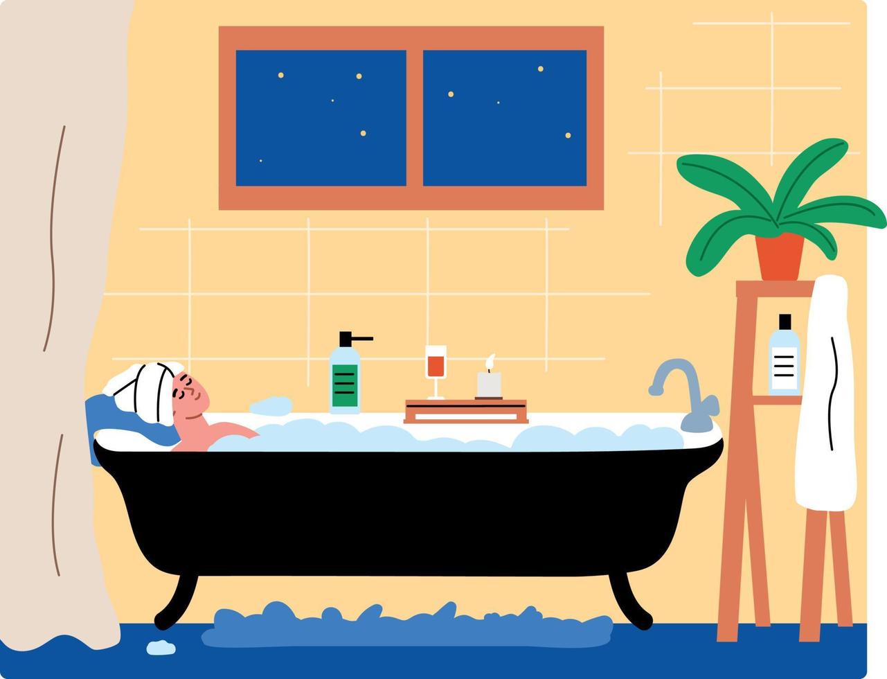 jong vrouw pratend bruisend bad. badkamer interieur, huis. vlak tekenfilm vector illustratie.