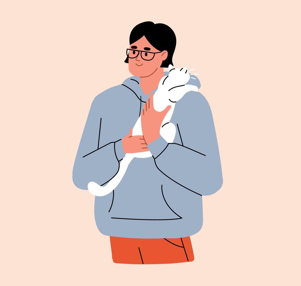 vrouw Holding wit harig pluizig schattig kan niet Aan haar schouder. kat baasje. huisdier tekenfilm vlak vector illustratie.