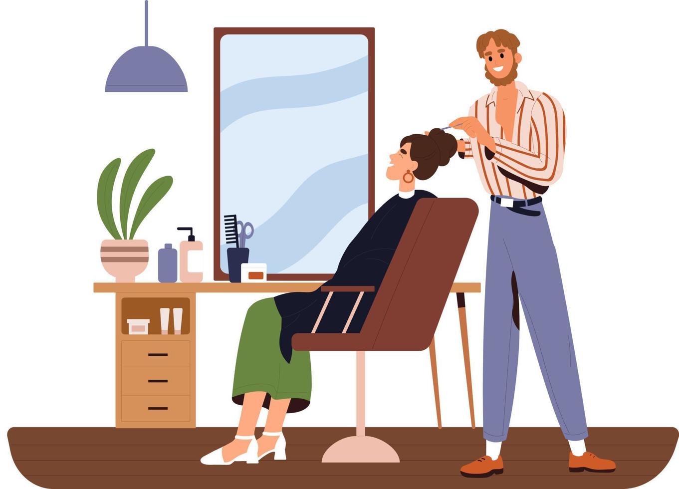 mannetje stilist maken kapsel voor de cliënt. bob, bun kapsel. vrouw in de schoonheid salon. kapper en klant. vlak vector illustratie.