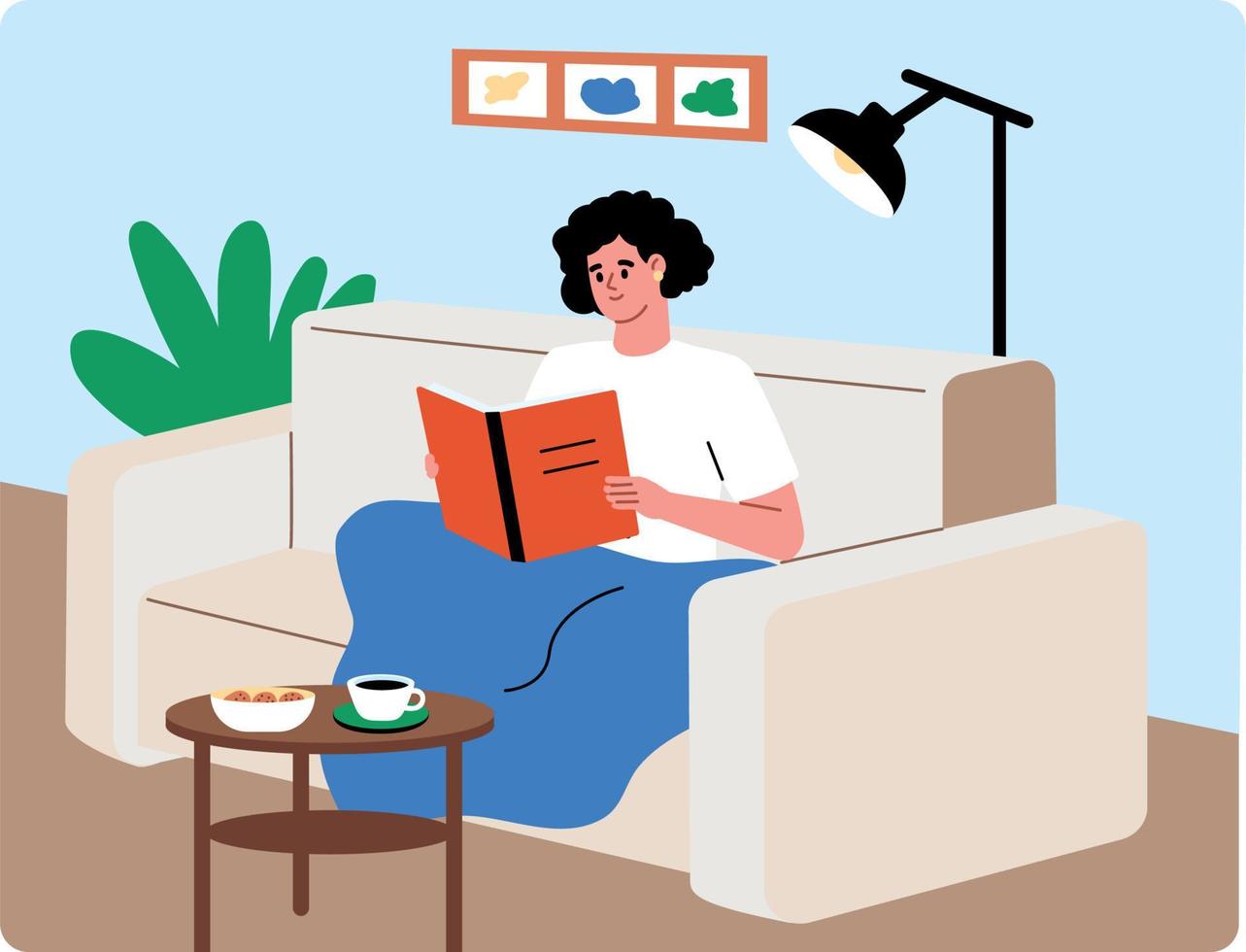 jong vrouw lezing een boek Aan de sofa en drinken thee. knus avond Bij huis. vlak vector illustratie.