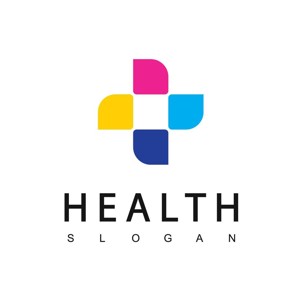 Gezondheid zorg logo sjabloon, pret en vriendelijk concept gebruik makend van kleurrijk kruis symbool vector