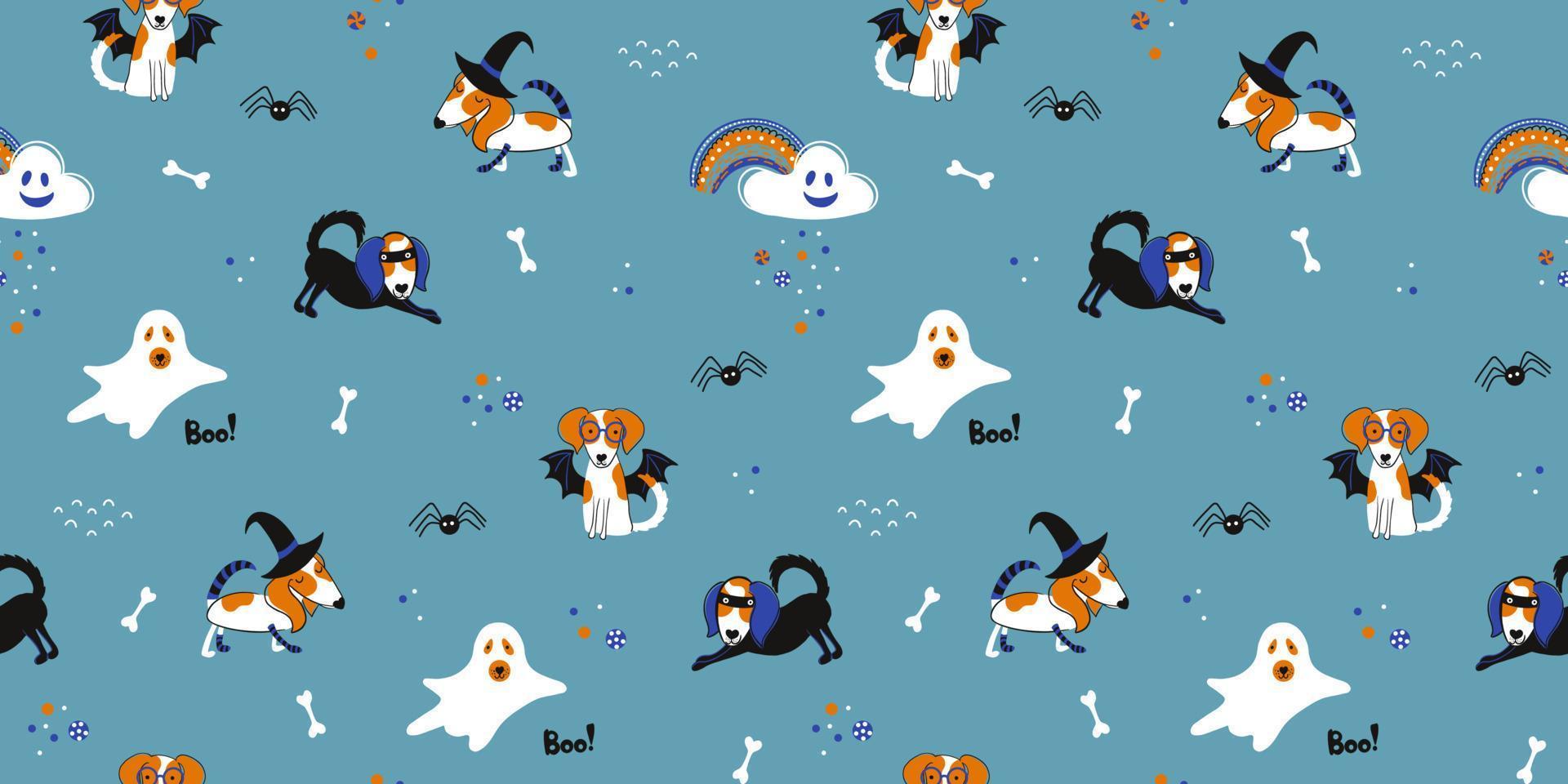 halloween kinderen maskerade naadloos patroon. puppy's in divers partij kostuums en andere tekens Leuk vinden spin, wolk, regenboog, snoep. tekenfilm stijl wijnoogst vector illustratie.