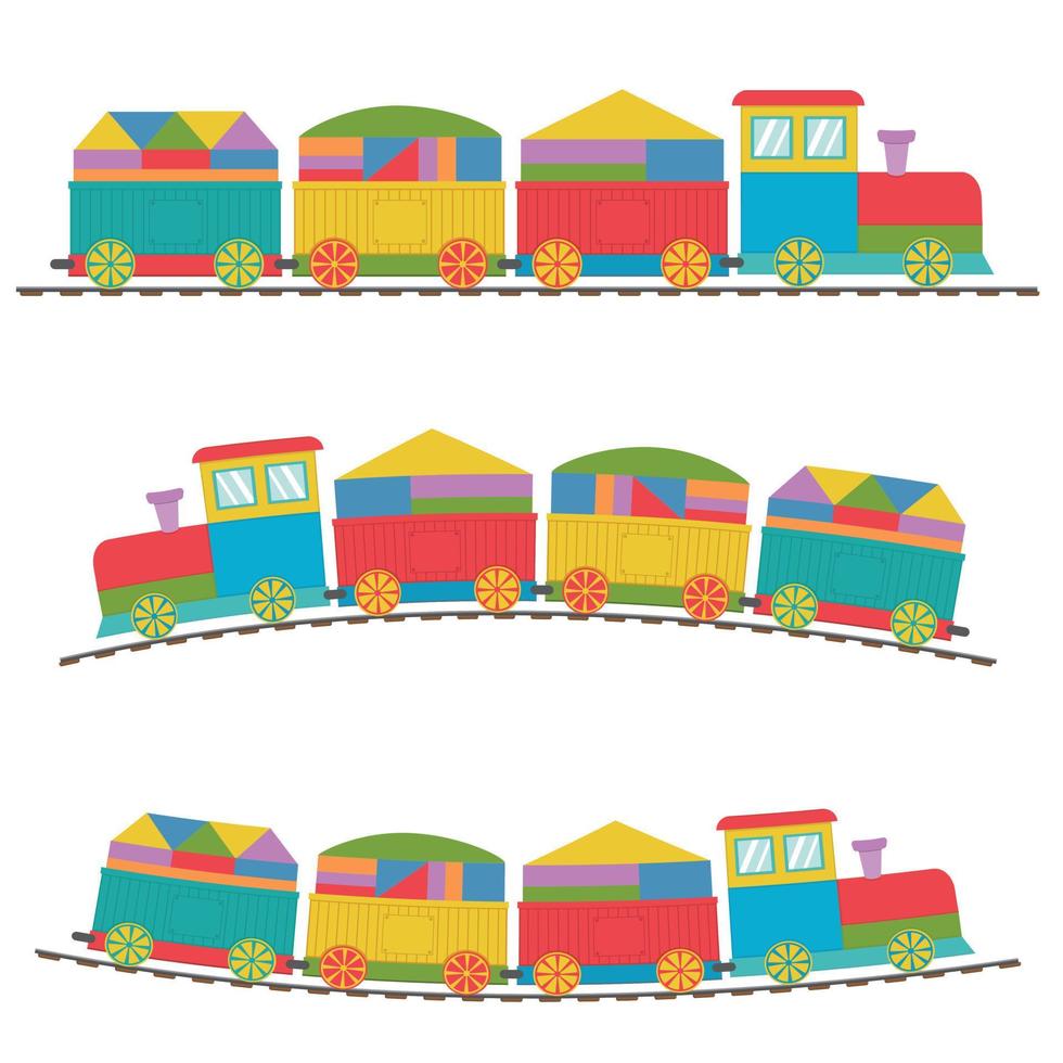 houten trein met wagons geladen met kubussen, kleur vector illustratie in vlak stijl