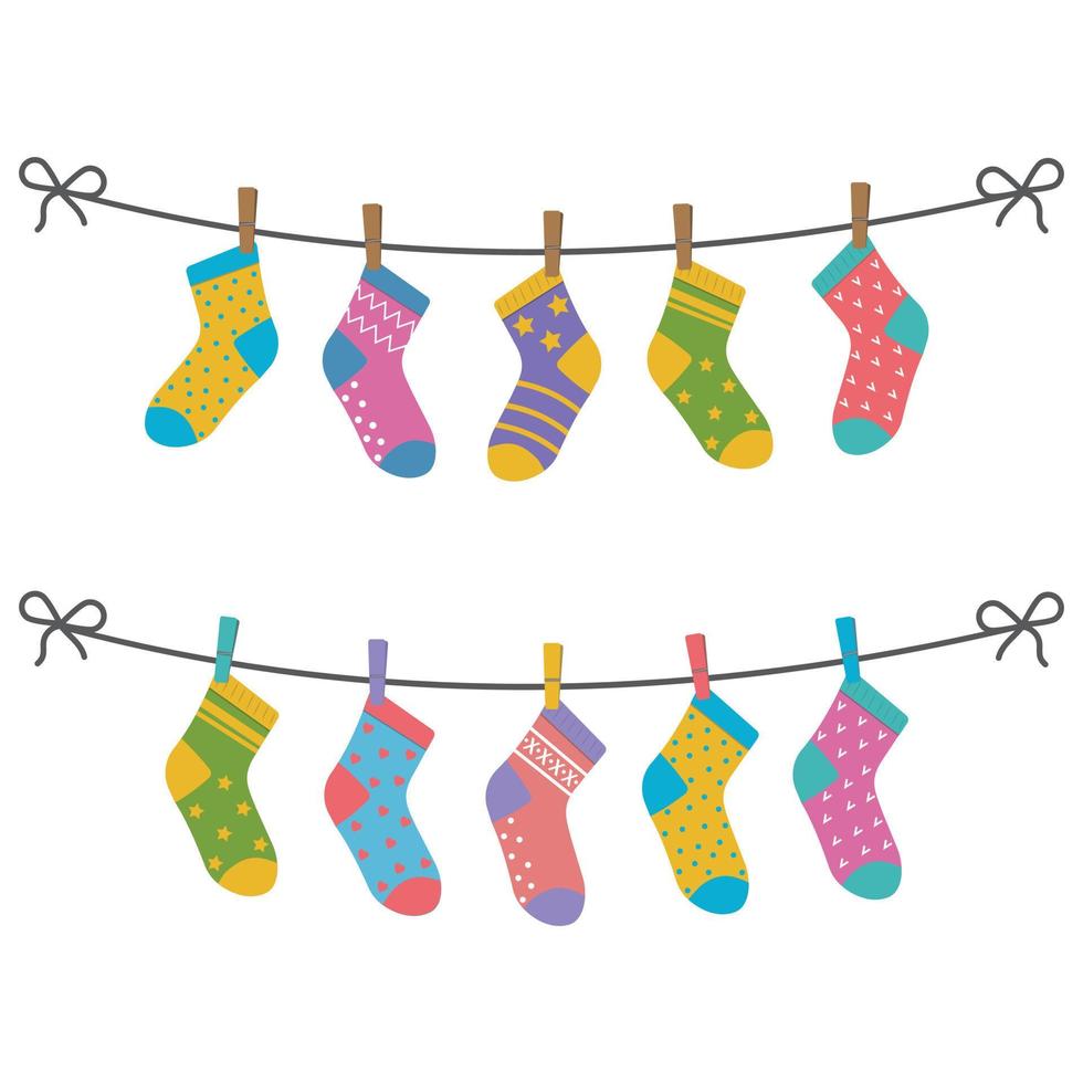 een reeks van kinderen sokken zijn droog Aan een touw. vlak vector illustratie geïsoleerd Aan wit achtergrond