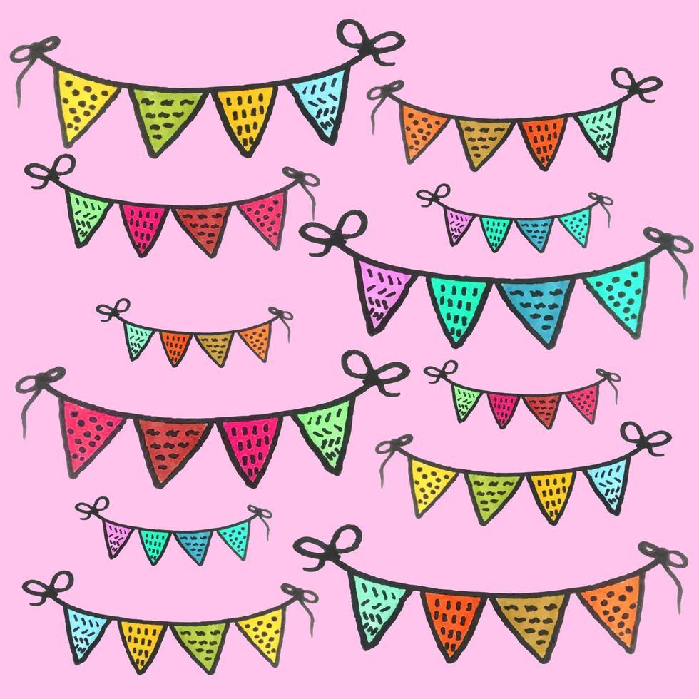 vector set decoratieve feestwimpels met verschillende maten en lengtes. vlaggen vieren. regenboog slinger. verjaardag versiering. gekleurde vlaggen ophangen.