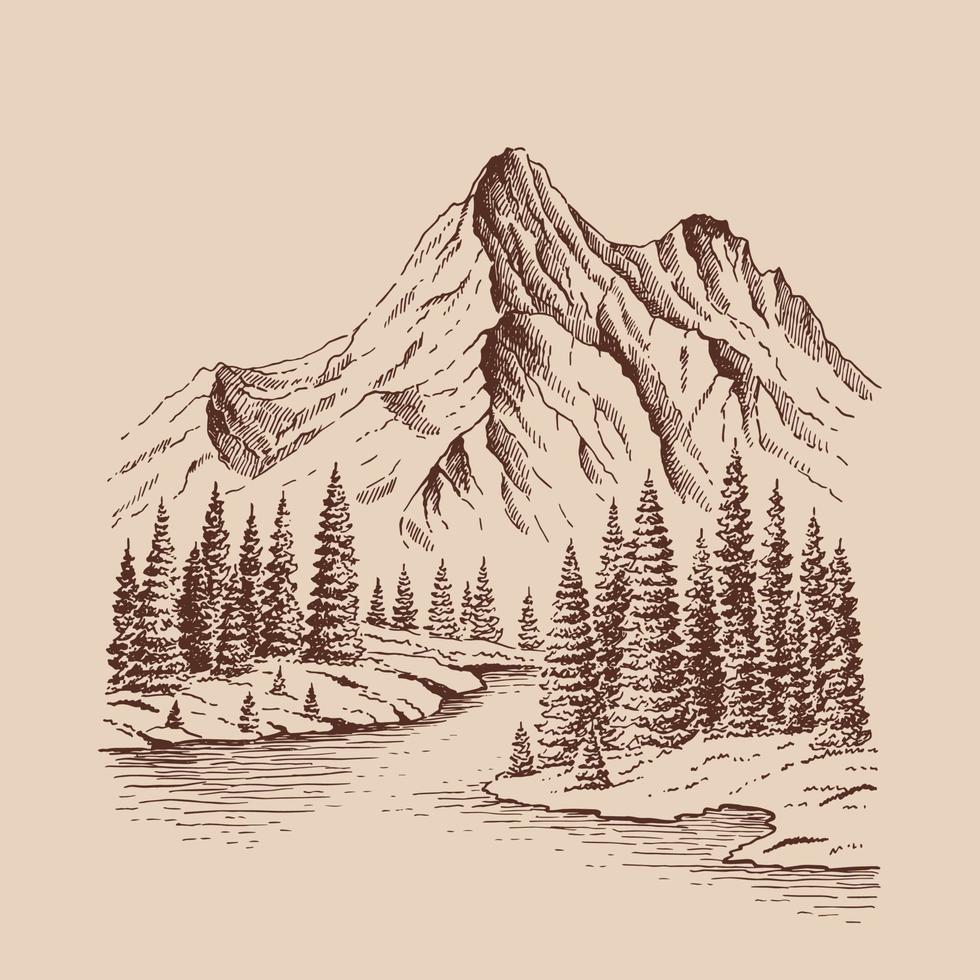 berg met pijnbomen en meerlandschap. handgetekende illustratie geconverteerd naar vector. vector