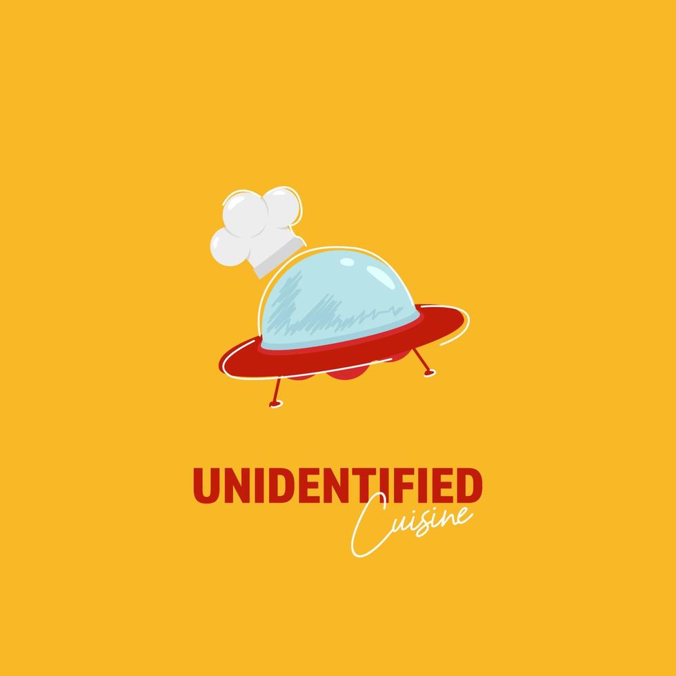 niet geïdentificeerd keuken logo met buitenaards wezen ufo slijtage chef hoed vliegend in tekenfilm krabbelen uniek illustratie symbool tekenfilm icoon vector