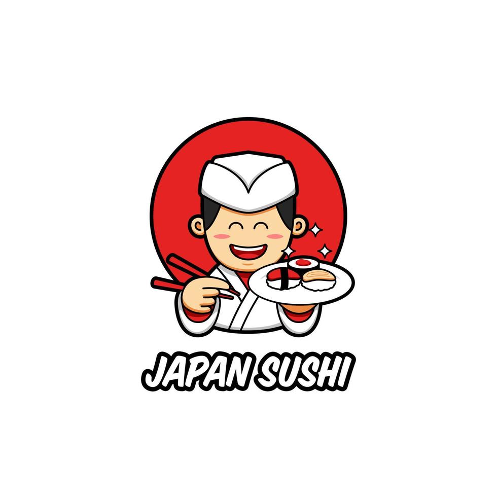 Japan sushi logo met Japans chef mascotte karakter slijtage traditioneel wit chef kleren brengen sushi Aan bord en eetstokje in tekenfilm stijl vector