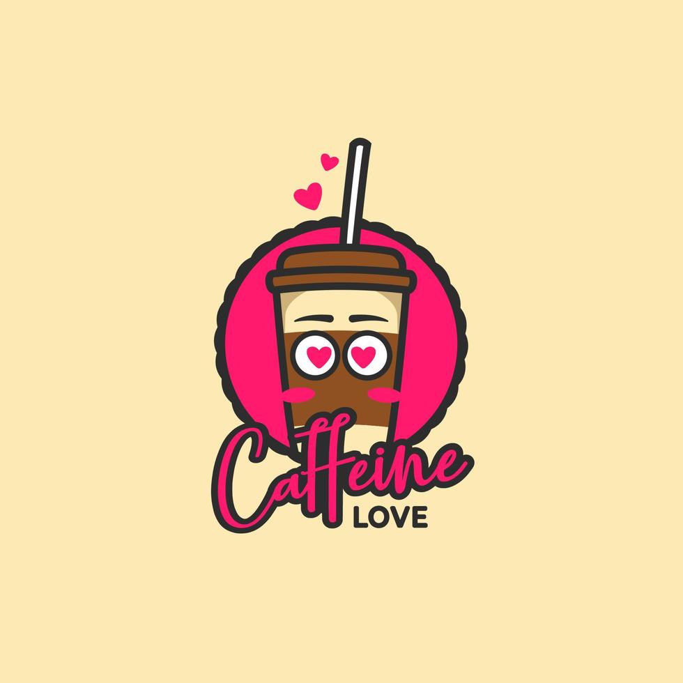 cafeïne liefde koffie winkel cafe logo met karton kop mascotte grappig schattig karakter roze kleur vector