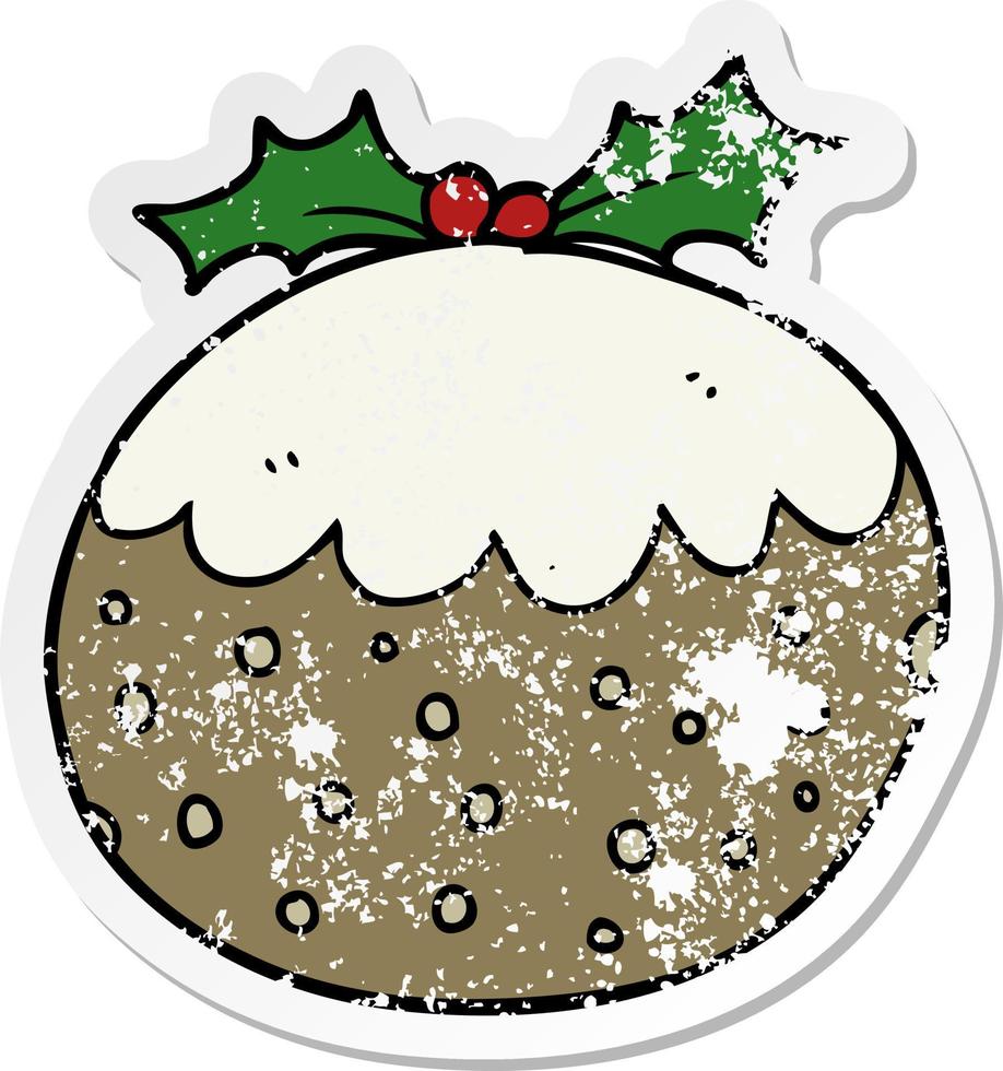 verontruste sticker van een cartoon kerstpudding vector