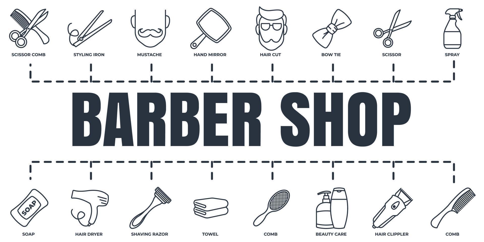 kapper winkel banier web icoon set. scheren scheermes, zeep, handdoek, snor, schaar, haar- droger en meer vector illustratie concept.