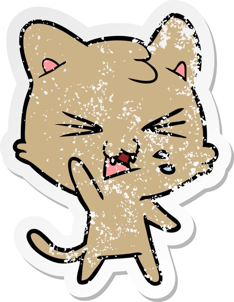 verontruste sticker van een cartoon sissende kat vector