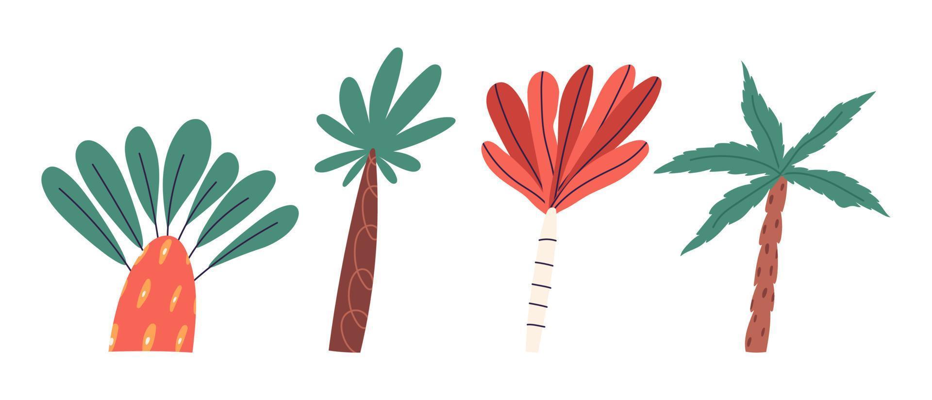 schattig hand- getrokken palm boom set, tekenfilm vlak vector illustratie geïsoleerd Aan wit achtergrond. verzameling van palm bomen in gestileerde naief kunst stijl. zomer vakantie concept.