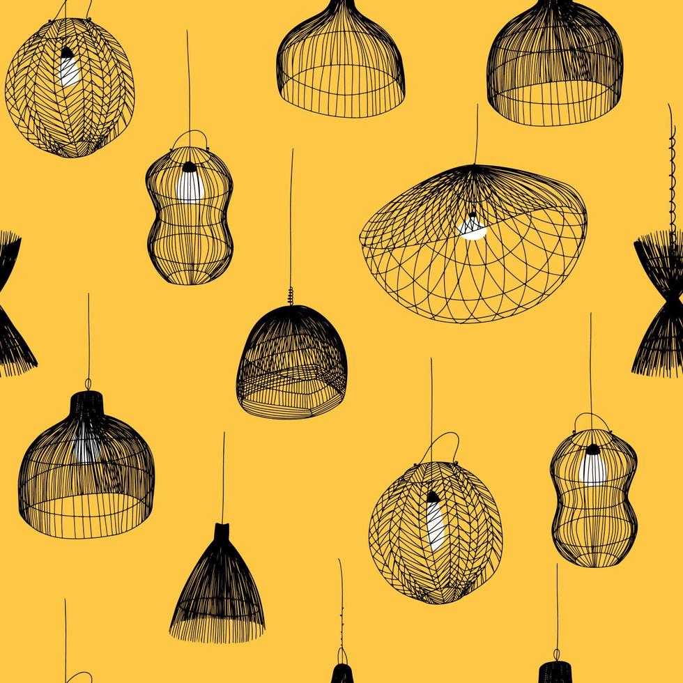 naadloos patroon met rotan lampen. vector zwart-wit afbeelding voor het maken van een logo voor een interieur studio of verlichting studio.