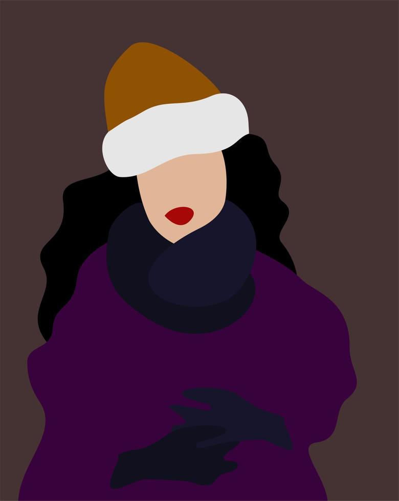 vector gemakkelijk portret van zwartharig vrouw met rood lippen in winter hoed en handschoenen Aan donker achtergrond.