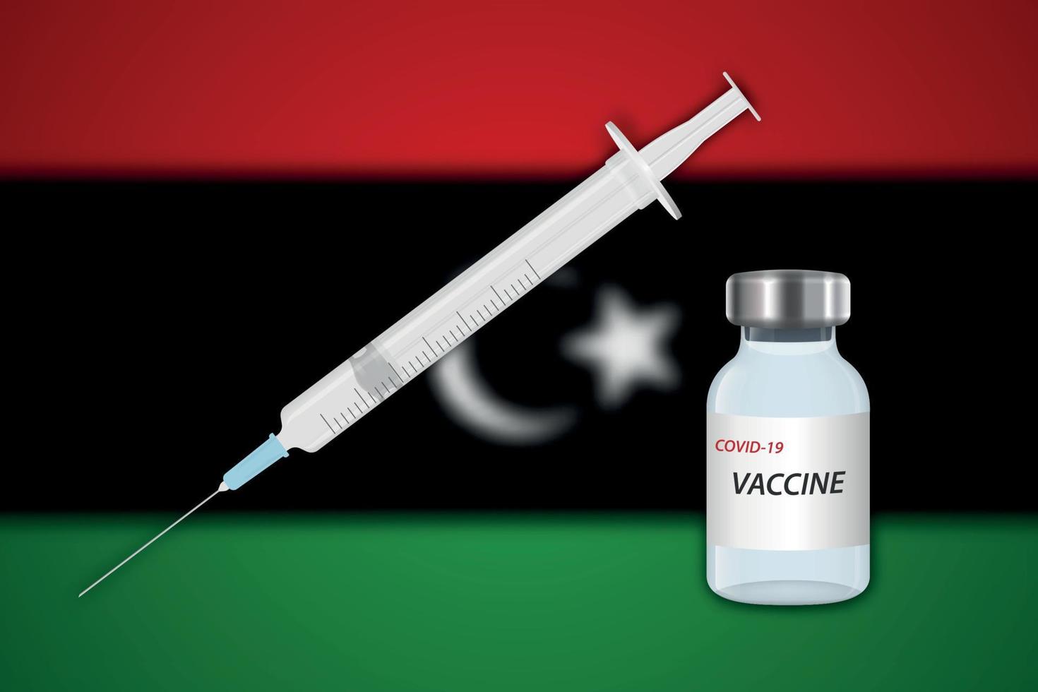 injectiespuit en vaccin flacon Aan vervagen achtergrond met Libië vlag, vector