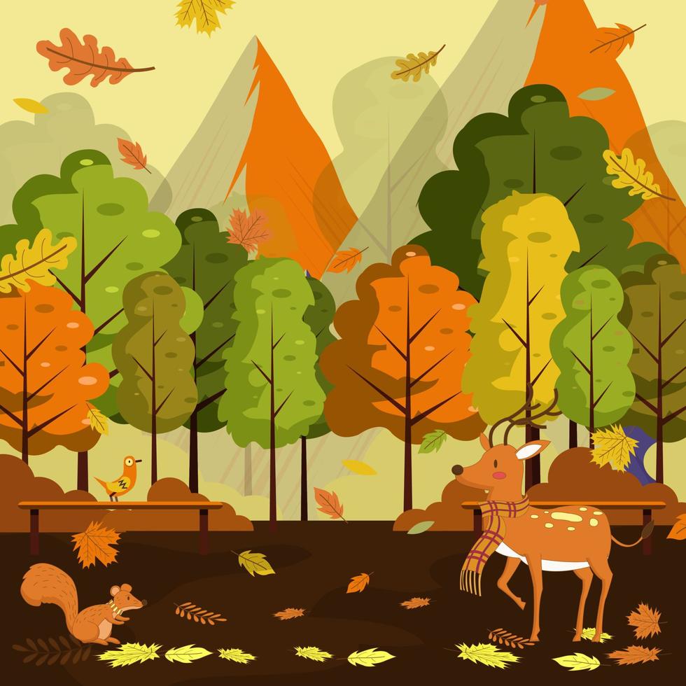 herfst landschap tekening vallend bladeren rendieren pictogrammen vector