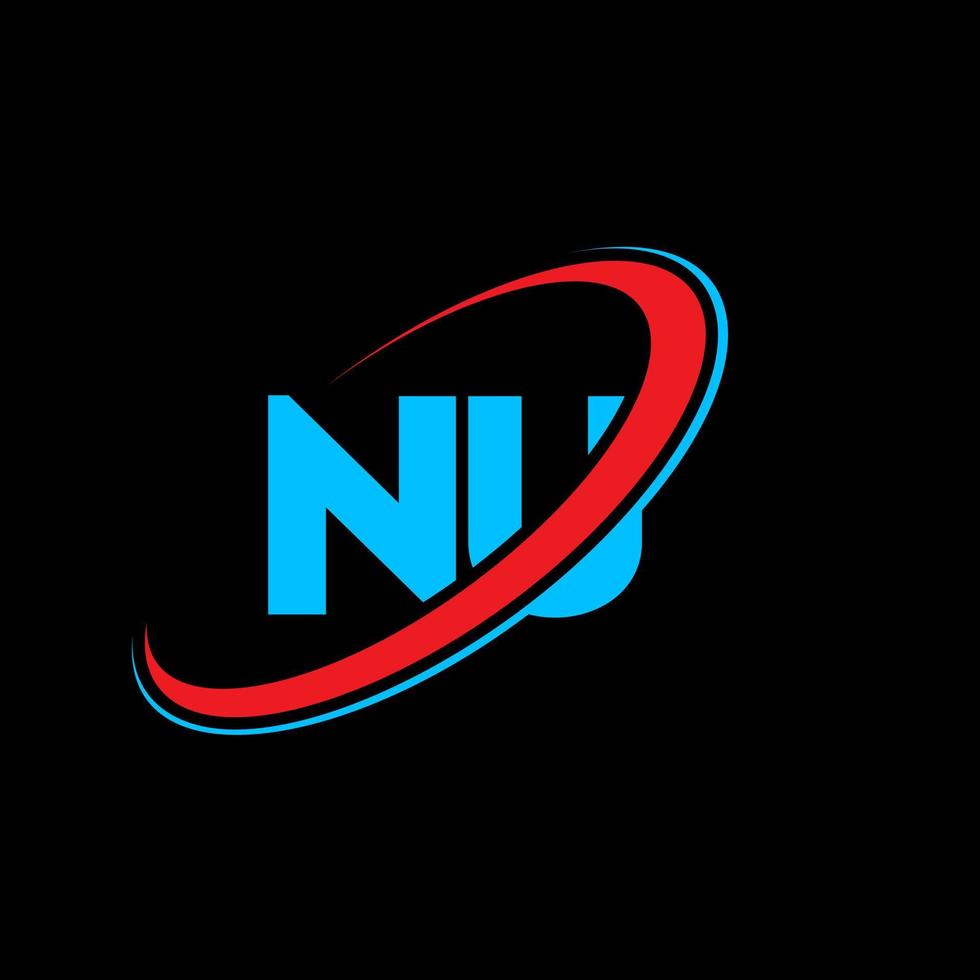 nu n u brief logo ontwerp. eerste brief nu gekoppeld cirkel hoofdletters monogram logo rood en blauw. nu logo, n u ontwerp. nou, n u vector