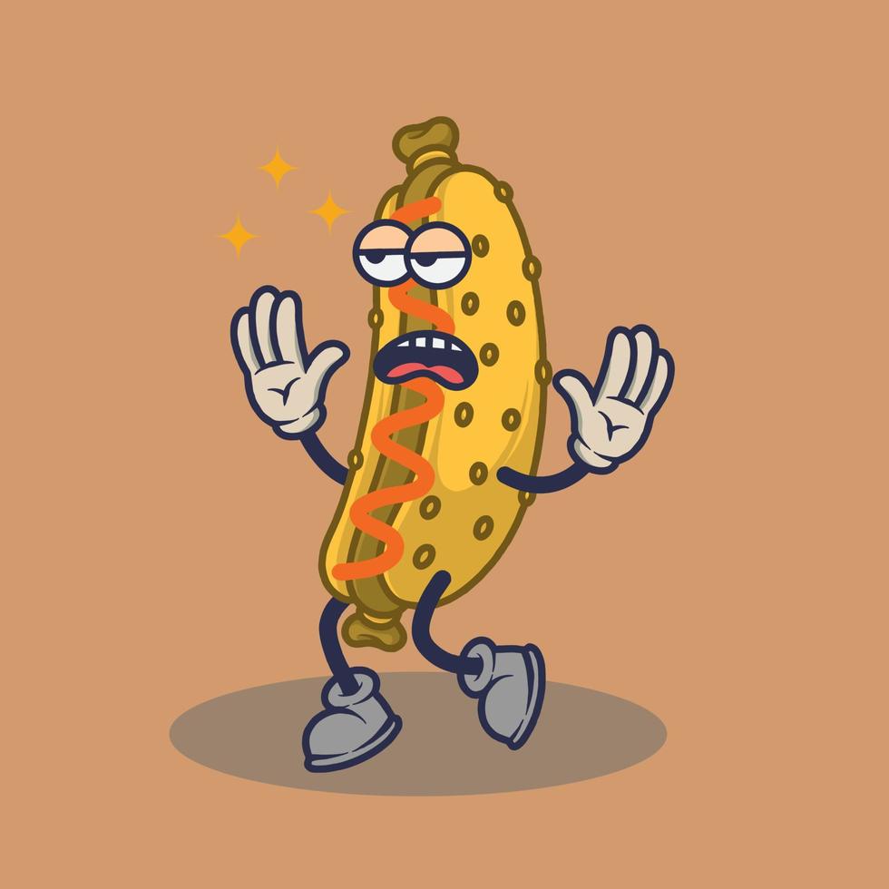 verveeld hotdog met moe gezicht uitdrukking sticker. vector