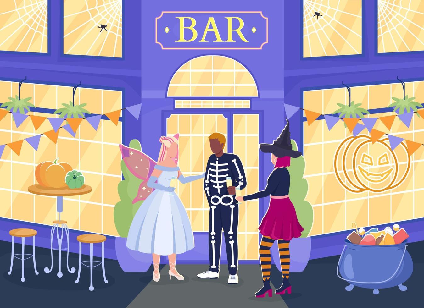 halloween partij Bij nacht bar vlak kleur vector illustratie. vrienden vervelend carnaval kostuums. ten volle bewerkbare 2d gemakkelijk tekenfilm tekens met stadsgezicht Aan achtergrond