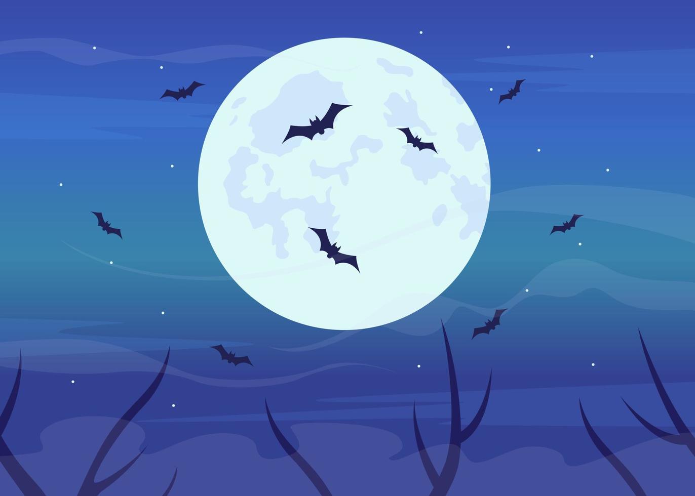 vleermuizen vliegend in vol maan vlak kleur vector illustratie. spookachtig nacht. halloween nacht. onheilspellend en mysticus omgeving. ten volle bewerkbare 2d gemakkelijk tekenfilm voorwerpen met nacht lucht Aan achtergrond