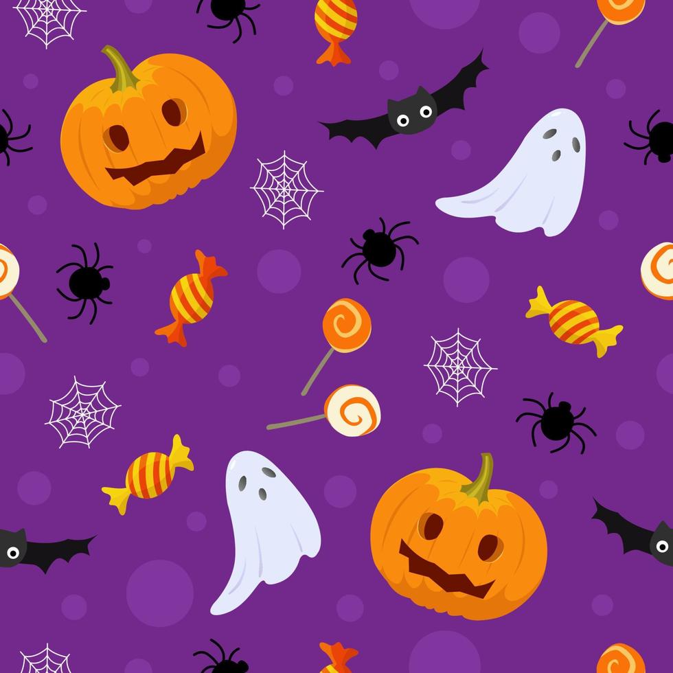 halloween naadloos patroon in vlak tekenfilm stijl. pompoenen, vleermuizen en prikt. vector illustratie