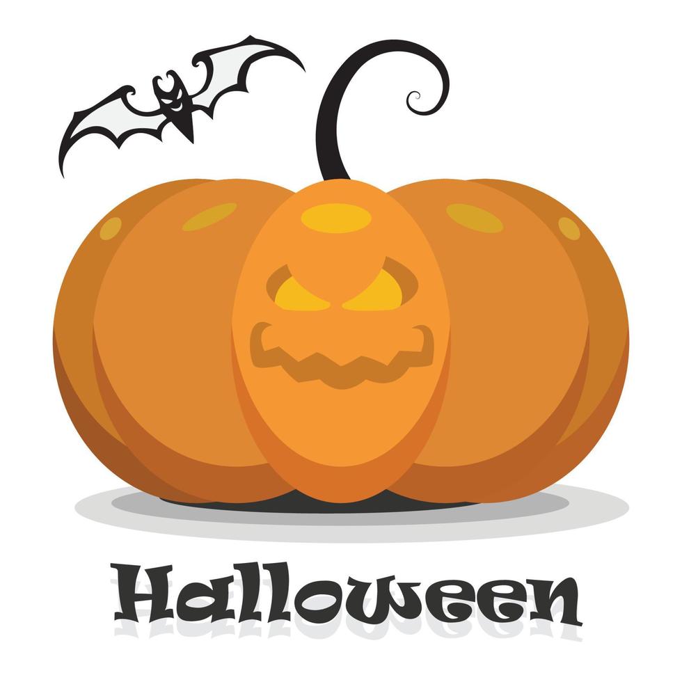 halloween pompoen met gelukkig gezicht en zwart knuppel Aan wit achtergrond. geïsoleerd vlak vector tekenfilm illustratie voor de vakantie hollaween.