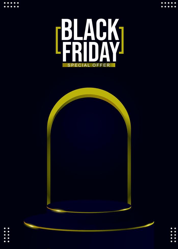 zwart vrijdag korting ontwerp achtergrond voor poster en sociaal media post met gouden licht podium, geschikt voor promotionele reclame vector