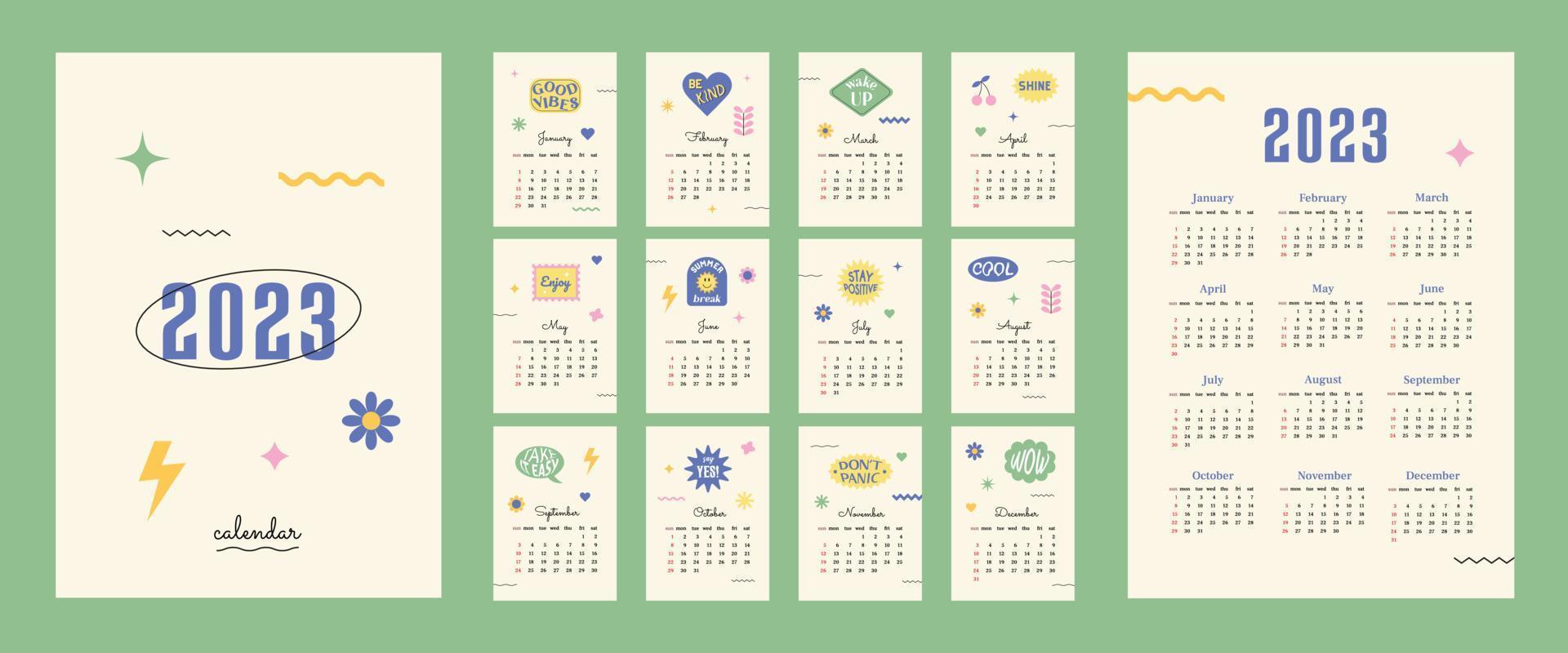 kalender 2023 met retro vormen en positief stickers. week begin Aan zondag. reeks van 12 maanden, Hoes en een vel van de jaar. sjabloon voor a4 a3 a5 maat. vector illustratie in Jaren 90 stijl