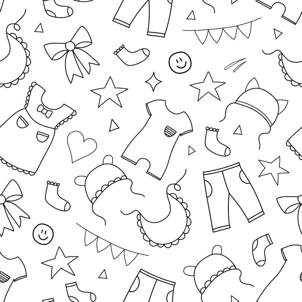 wit achtergrond met zwart baby kleren elementen. vector naadloos patroon kinderen kleding in tekening stijl