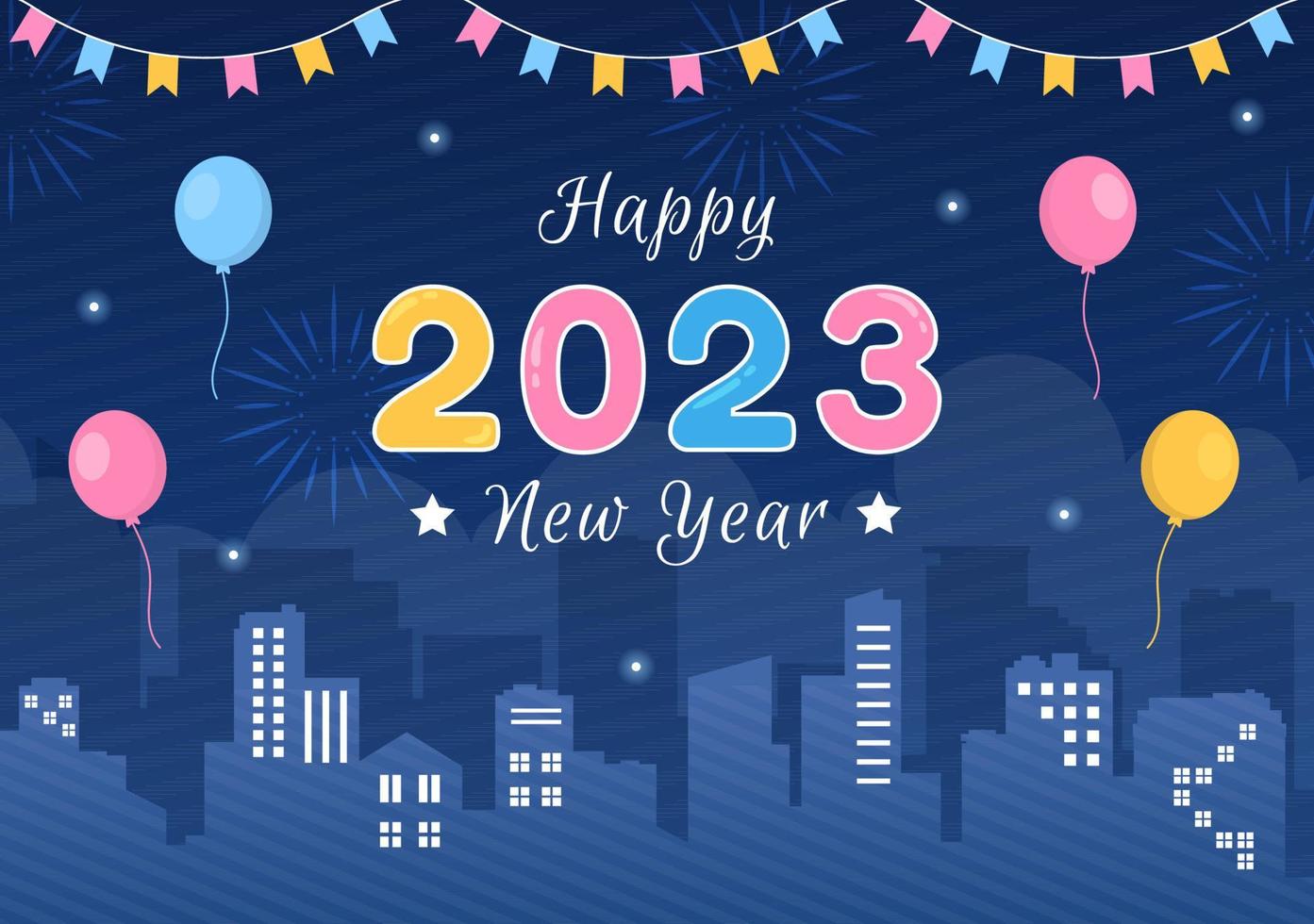 gelukkig nieuw jaar 2023 viering sjabloon hand- getrokken tekenfilm vlak achtergrond illustratie met vuurwerk, linten en confetti ontwerp vector