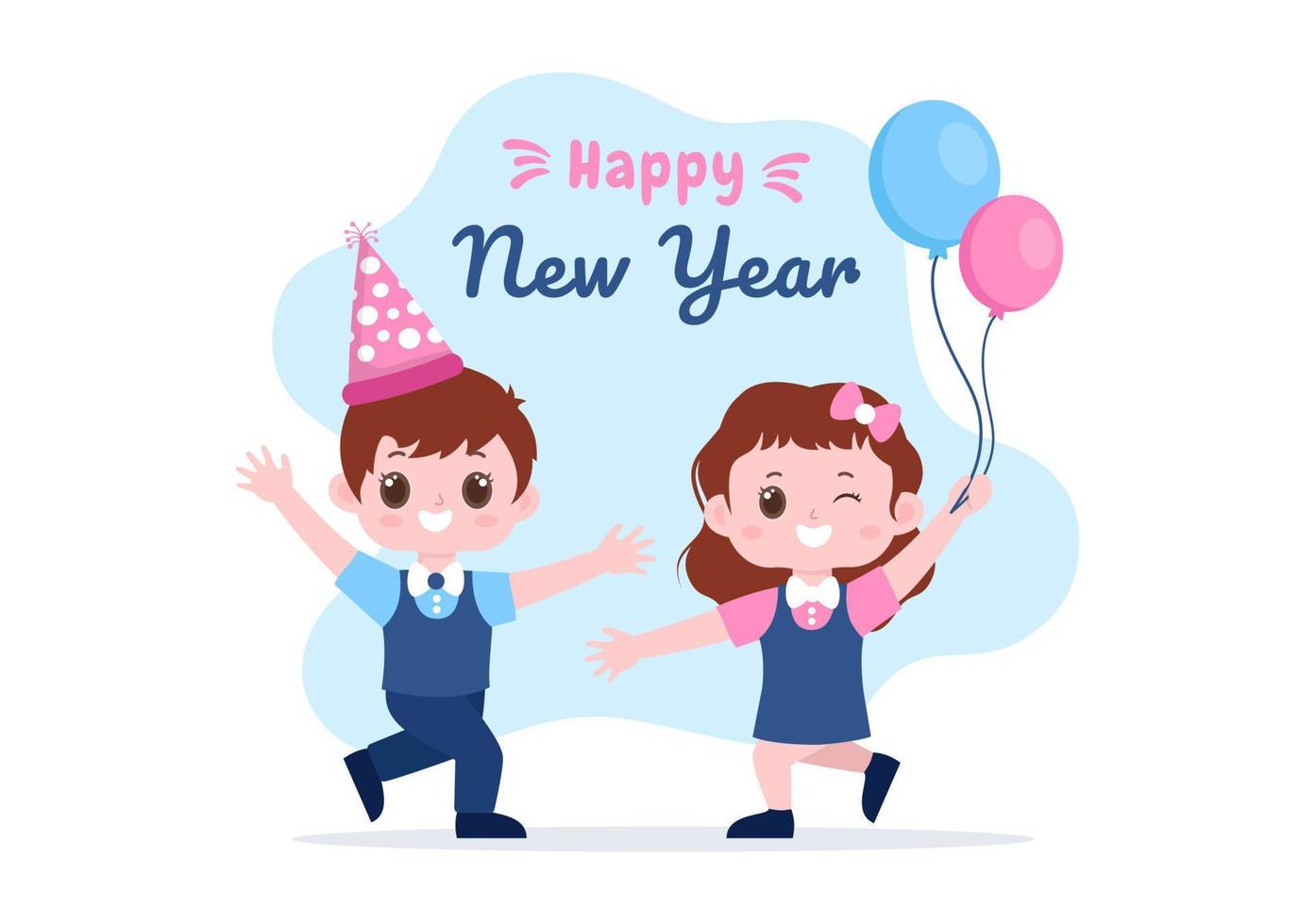 gelukkig nieuw jaar 2023 viering sjabloon hand- getrokken tekenfilm vlak achtergrond illustratie met vuurwerk, linten en confetti ontwerp vector