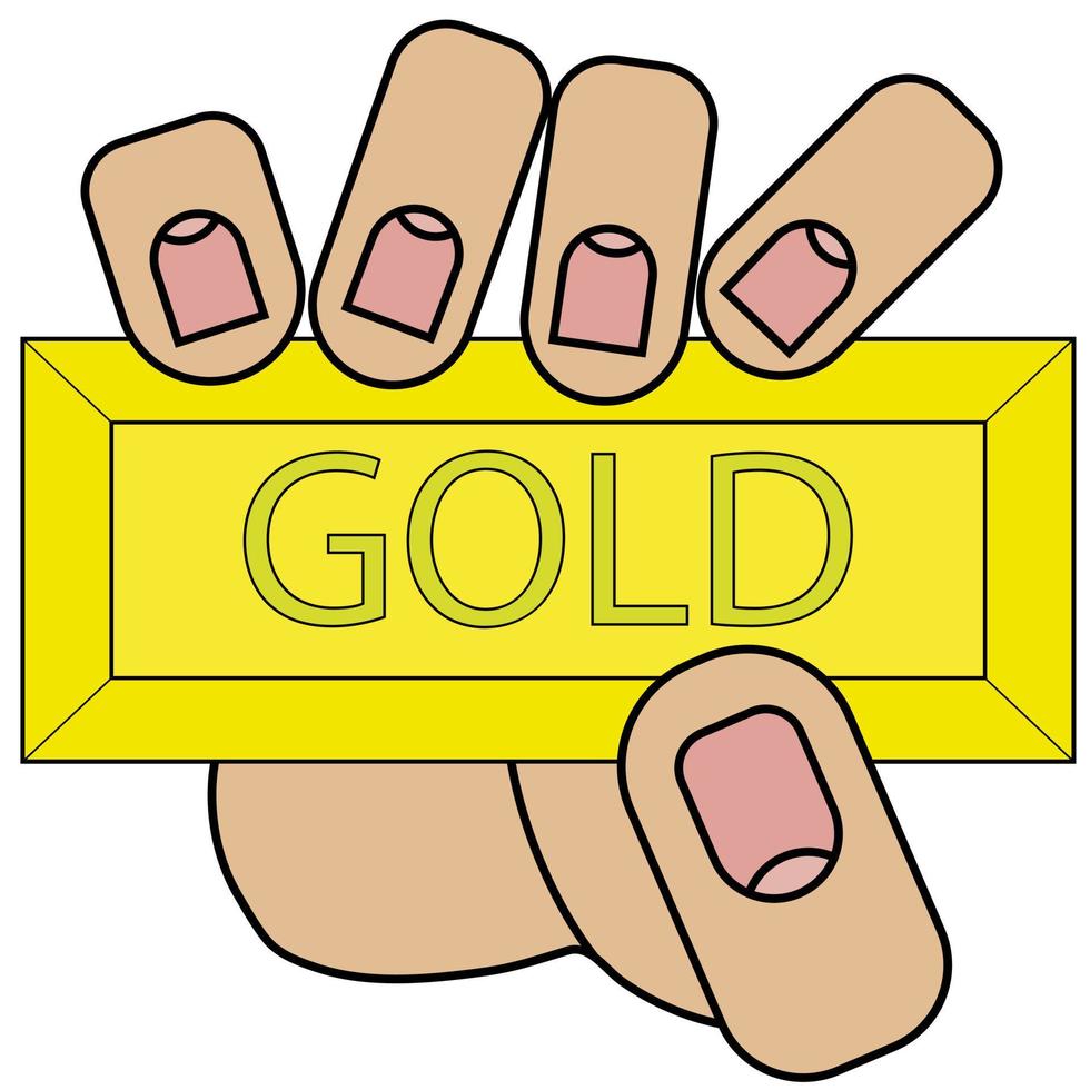 hand- Holding een goud bar geïsoleerd Aan wit achtergrond in tekenfilm stijl in vector grafisch