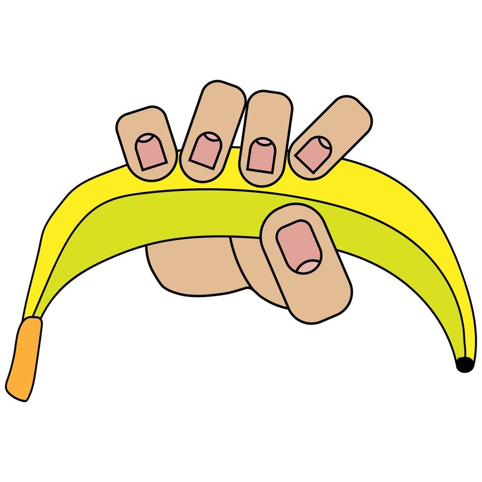 hand- Holding banaan geïsoleerd Aan wit achtergrond in tekenfilm stijl vector