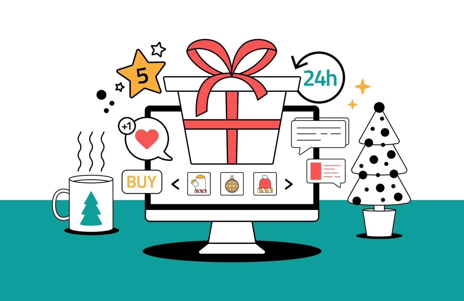 Kerstmis geschenk boodschappen doen online schets stijl concept. Kerstmis online winkelen. lijn tekenfilm vector illustratie met computer scherm met geschenk doos