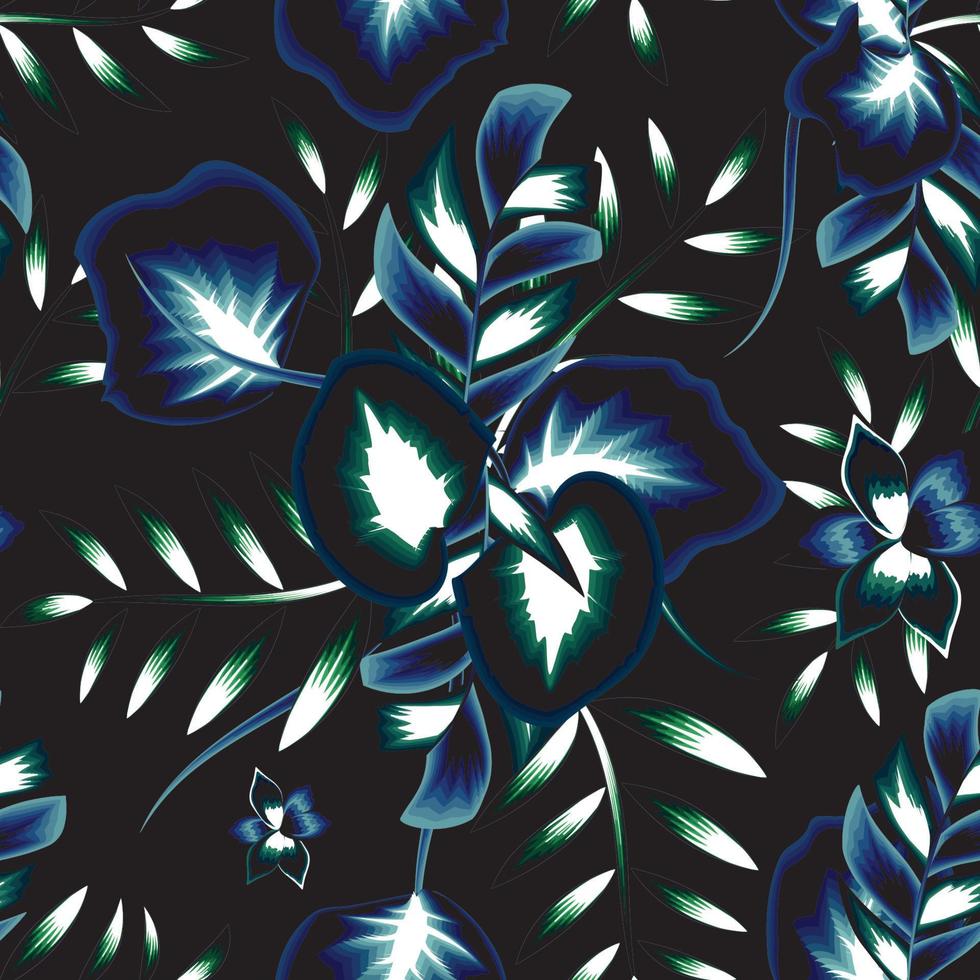 licht blauw abstract natuur naadloos patroon Aan donker achtergrond met schijnend blauw tropisch bladeren en planten gebladerte. vector ontwerp. oerwoud afdrukken. bloemen achtergrond. natuur behang. exotisch. oerwoud